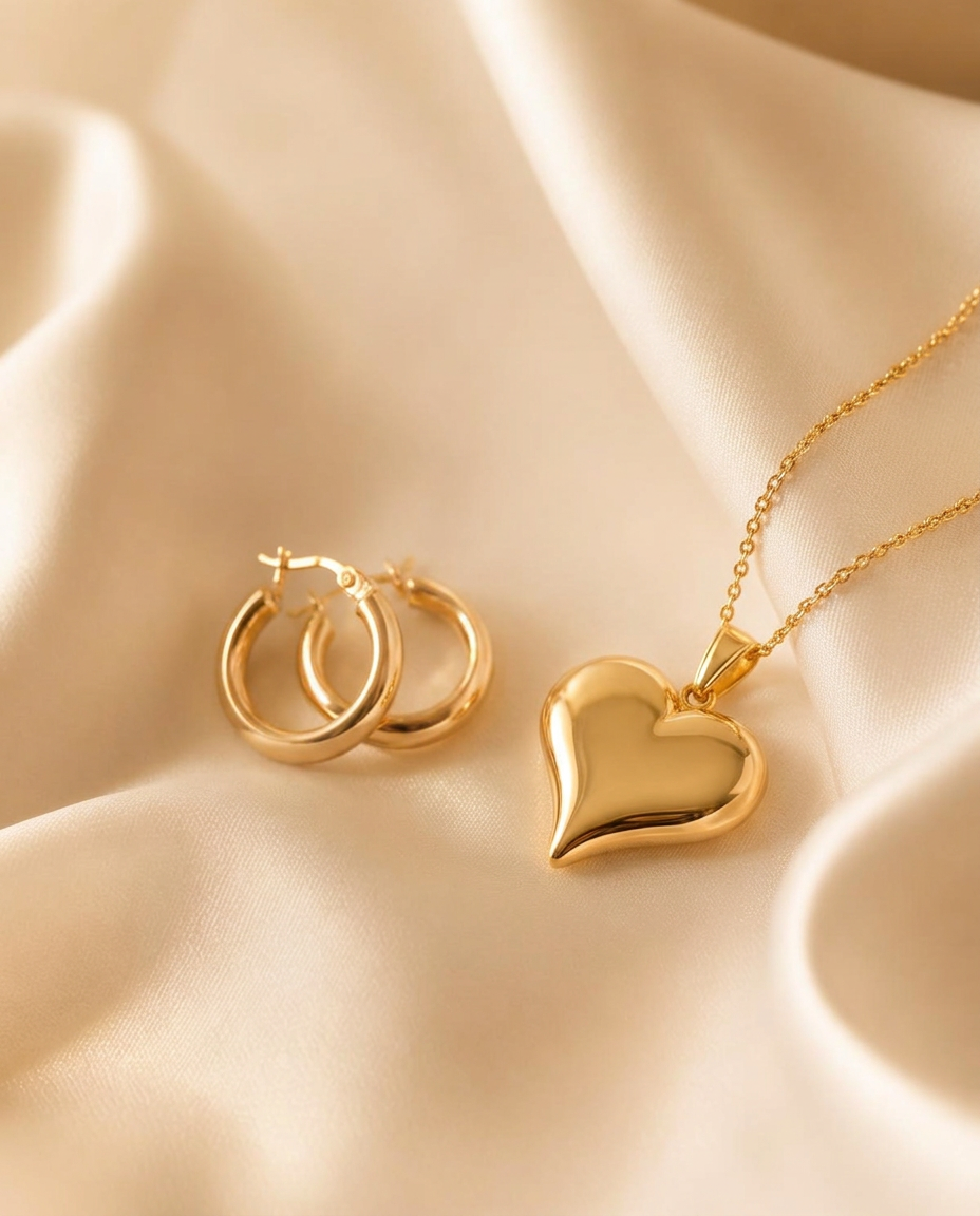 Gold pendant necklaces and earrings on cream silk